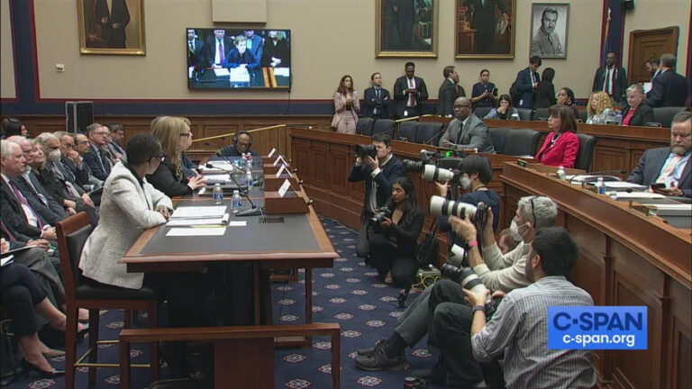 The presidents of Harvard, the University of Pennsylvania, and MIT sit for the December 5 congressional hearing. Photo: C-SPAN.