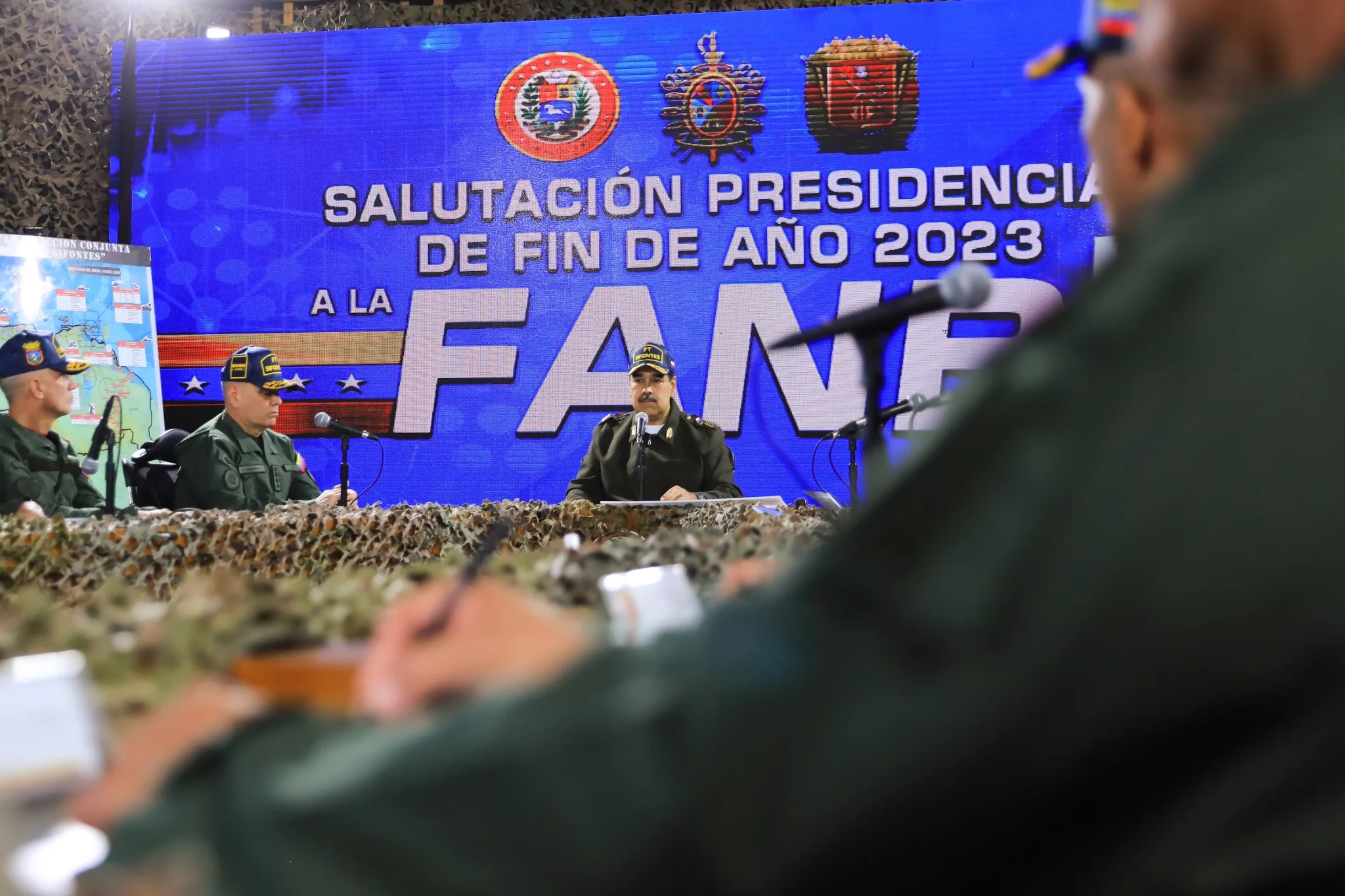 The president of Venezuela, Nicolás Maduro, presenting his end-of-year salutation message to the Bolivarian National Armed Forces, announcing the deployment of a joint military operation to face Guyanese and UK provocation, on Thursday, December 28, 2023. Photo: Presidential Press.