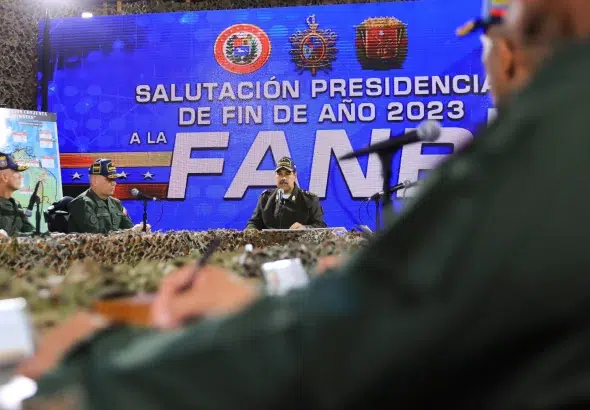 The president of Venezuela, Nicolás Maduro, presenting his end-of-year salutation message to the Bolivarian National Armed Forces, announcing the deployment of a joint military operation to face Guyanese and UK provocation, on Thursday, December 28, 2023. Photo: Presidential Press.