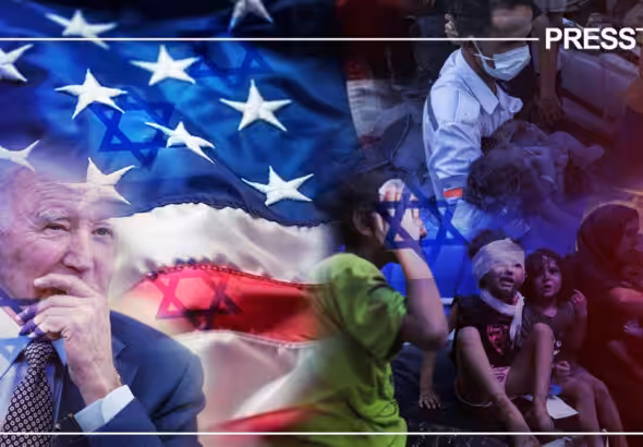 Photo composition showing US President Joe Biden with a US flag in the background and images of Palestinian kids crying and injured by the Israeli genocidal bombardment of Gaza. Photo: PressTV.