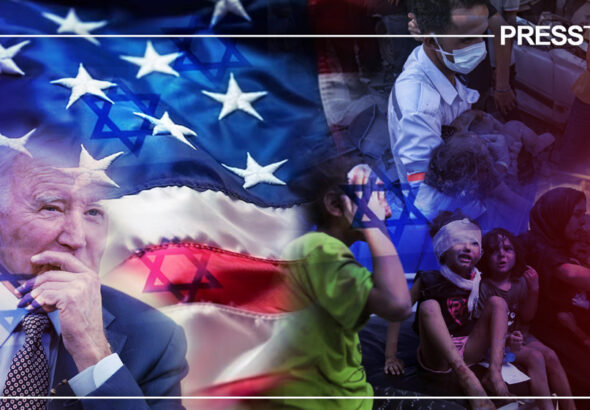 Photo composition showing US President Joe Biden with a US flag in the background and images of Palestinian kids crying and injured by the Israeli genocidal bombardment of Gaza. Photo: PressTV.
