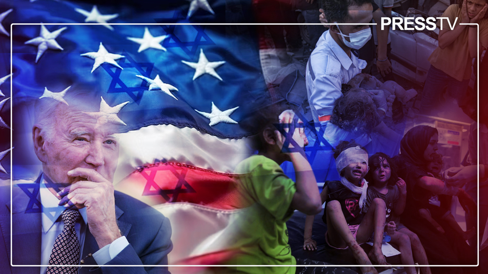 Photo composition showing US President Joe Biden with a US flag in the background and images of Palestinian kids crying and injured by the Israeli genocidal bombardment of Gaza. Photo: PressTV.