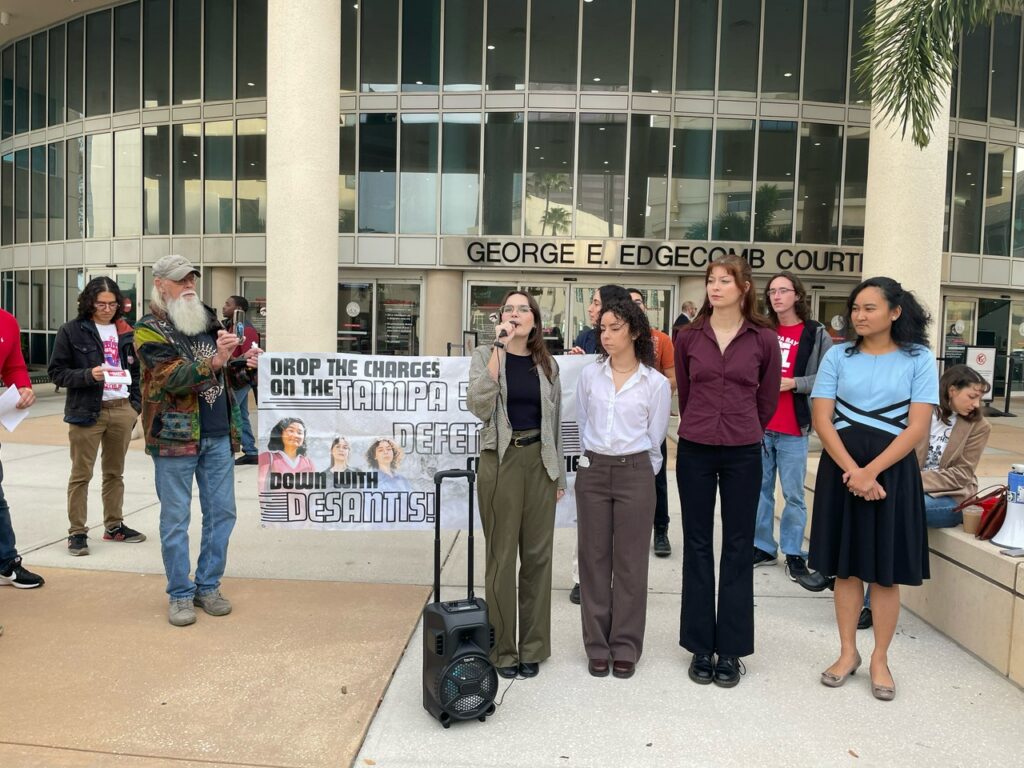 Members of the Tampa 5 speaking outside the courthouse. Photo: Fight Back! News/staff.