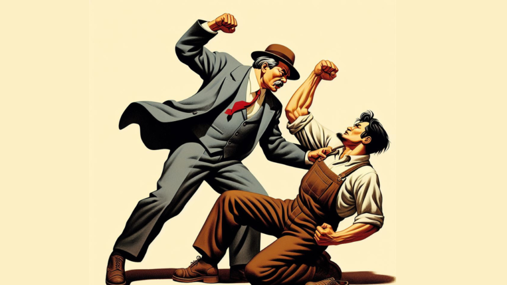 Art depicting a man in a suit swinging down on a man in overalls. Photo: Midwestern Marx.