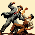 Art depicting a man in a suit swinging down on a man in overalls. Photo: Midwestern Marx.