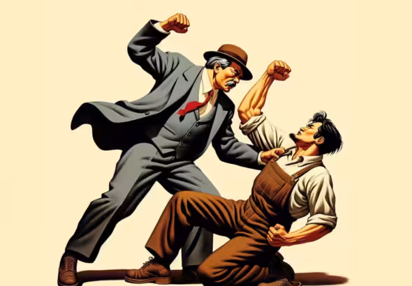 Art depicting a man in a suit swinging down on a man in overalls. Photo: Midwestern Marx.