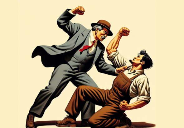 Art depicting a man in a suit swinging down on a man in overalls. Photo: Midwestern Marx.