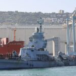 An Israeli Sa'ar 4.5-class frigate departing to patrol off the coast of Gaza from an Israeli naval base in the northern occupied port city of Haifa, occupied Palestine, on November 23, 2023. Photo: AFP.