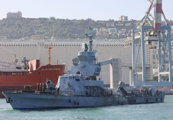An Israeli Sa'ar 4.5-class frigate departing to patrol off the coast of Gaza from an Israeli naval base in the northern occupied port city of Haifa, occupied Palestine, on November 23, 2023. Photo: AFP.