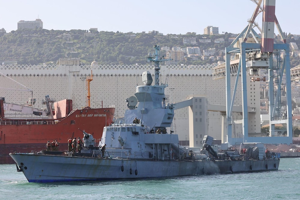 An Israeli Sa'ar 4.5-class frigate departing to patrol off the coast of Gaza from an Israeli naval base in the northern occupied port city of Haifa, occupied Palestine, on November 23, 2023. Photo: AFP.