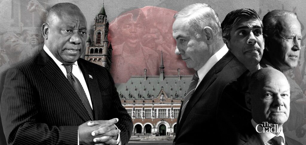 Photo composition showing South African President Cyril Ramaphosa (left) and "Israel" ruler Benjamin Netanyahu (right) and to the right the faces of US, UK and German rules and the ICJ headquarters in the background. Photo: The Cradle.