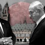 Photo composition showing South African President Cyril Ramaphosa (left) and "Israel" ruler Benjamin Netanyahu (right) and to the right the faces of US, UK and German rules and the ICJ headquarters in the background. Photo: The Cradle.