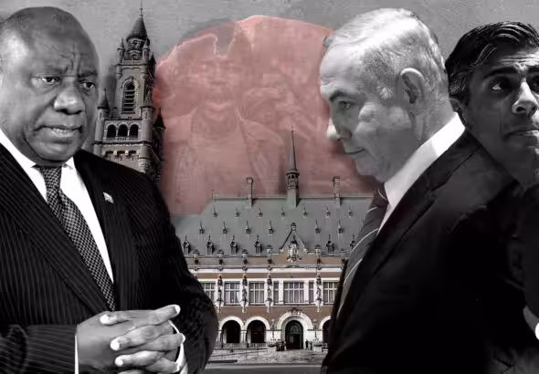 Photo composition showing South African President Cyril Ramaphosa (left) and "Israel" ruler Benjamin Netanyahu (right) and to the right the faces of US, UK and German rules and the ICJ headquarters in the background. Photo: The Cradle.