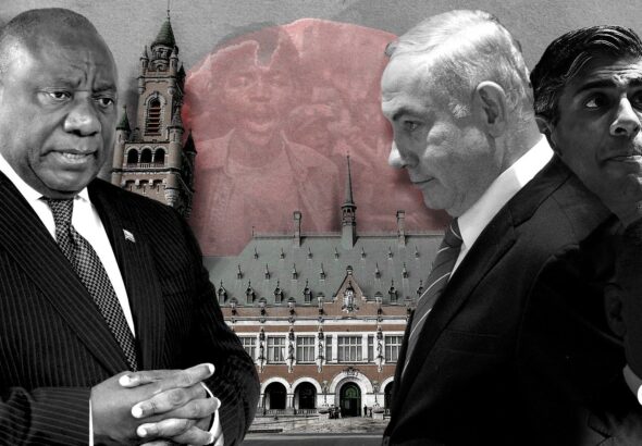 Photo composition showing South African President Cyril Ramaphosa (left) and "Israel" ruler Benjamin Netanyahu (right) and to the right the faces of US, UK and German rules and the ICJ headquarters in the background. Photo: The Cradle.