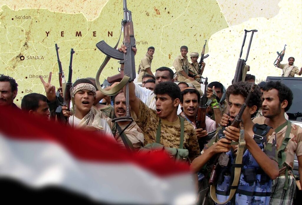 Photo composition showing Yemeni fighters raising their machine guns next to the Yemen flag with the map of Yemen in the background. Photo: Al Mayadeen.