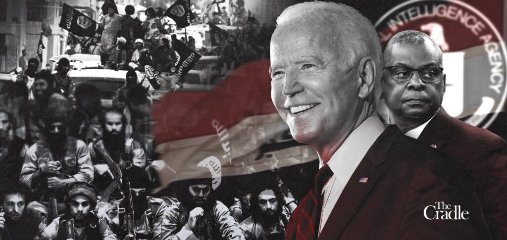 Compilation image of Joe Biden over a backdrop of the Iraqi and Islamic State flags as well as US militants. Photo: The Cradle.