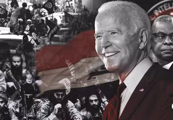 Compilation image of Joe Biden over a backdrop of the Iraqi and Islamic State flags as well as US militants. Photo: The Cradle.