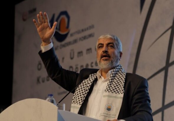 Hamas co-founder Khaled Mashaal speaks at an October 2018 forum in Istanbul. Photo: Omar Shagaleh/Anadolu Agency/Getty Images.