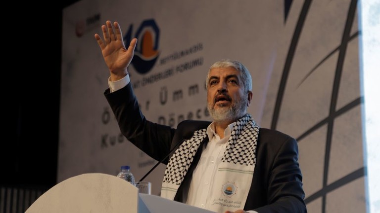 Hamas co-founder Khaled Mashaal speaks at an October 2018 forum in Istanbul. Photo: Omar Shagaleh/Anadolu Agency/Getty Images.