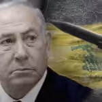Photo composition showing Israeli Occupation entity prime minister Benjamin Netanyahu and israeli flag next to an Hezbollah flag in the background. Photo: The Cradle.
