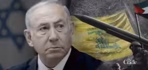 Photo composition showing Israeli Occupation entity prime minister Benjamin Netanyahu and israeli flag next to an Hezbollah flag in the background. Photo: The Cradle.