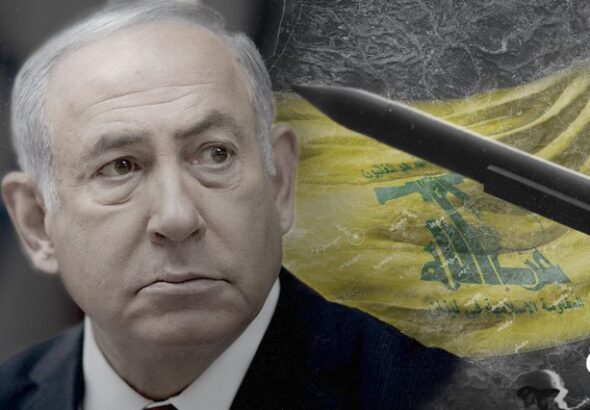 Photo composition showing Israeli Occupation entity prime minister Benjamin Netanyahu and israeli flag next to an Hezbollah flag in the background. Photo: The Cradle.