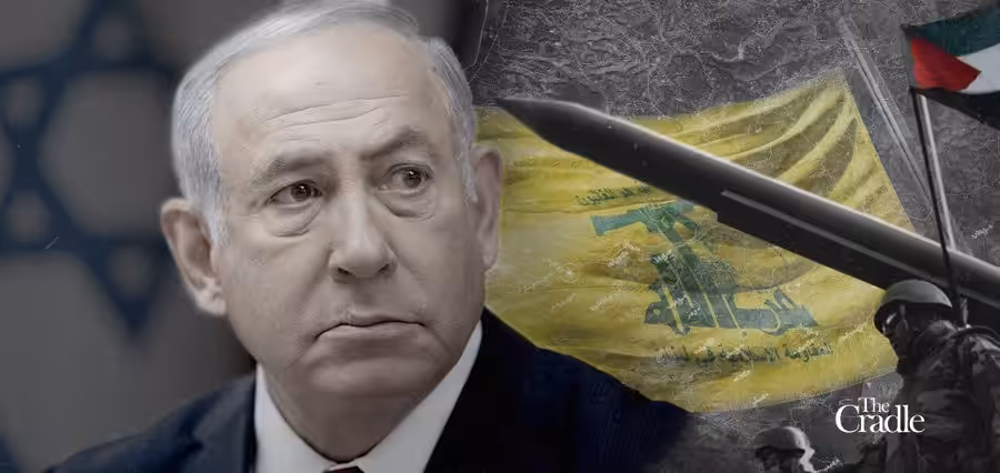Photo composition showing Israeli Occupation entity prime minister Benjamin Netanyahu and israeli flag next to an Hezbollah flag in the background. Photo: The Cradle.