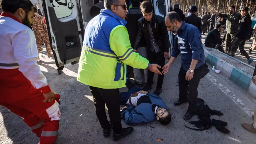 Iranian emergency services arrive at the site in Kerman, Iran, where two explosions killed at least 103 people. Photo: MEHR News.