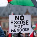 Pro-Palestinian protesters gather near the International Court of Justice (ICJ) carrying Palestinian flags and a poster reading “No Excuse for Genocide.” Photo: CBC.