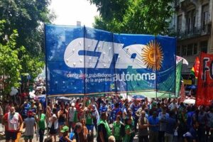 Argentinians march with a huge banner of the workers' union Workers' Central of Argentina (CTA). File photo.