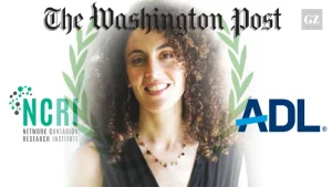 A graphic of Elizabeth “Lizza” Dwoskin over the logos of the Washington Post, the National Contagion Research Institute (NCRI) and the Anti-Defamation League. Photo: The Grayzone.
