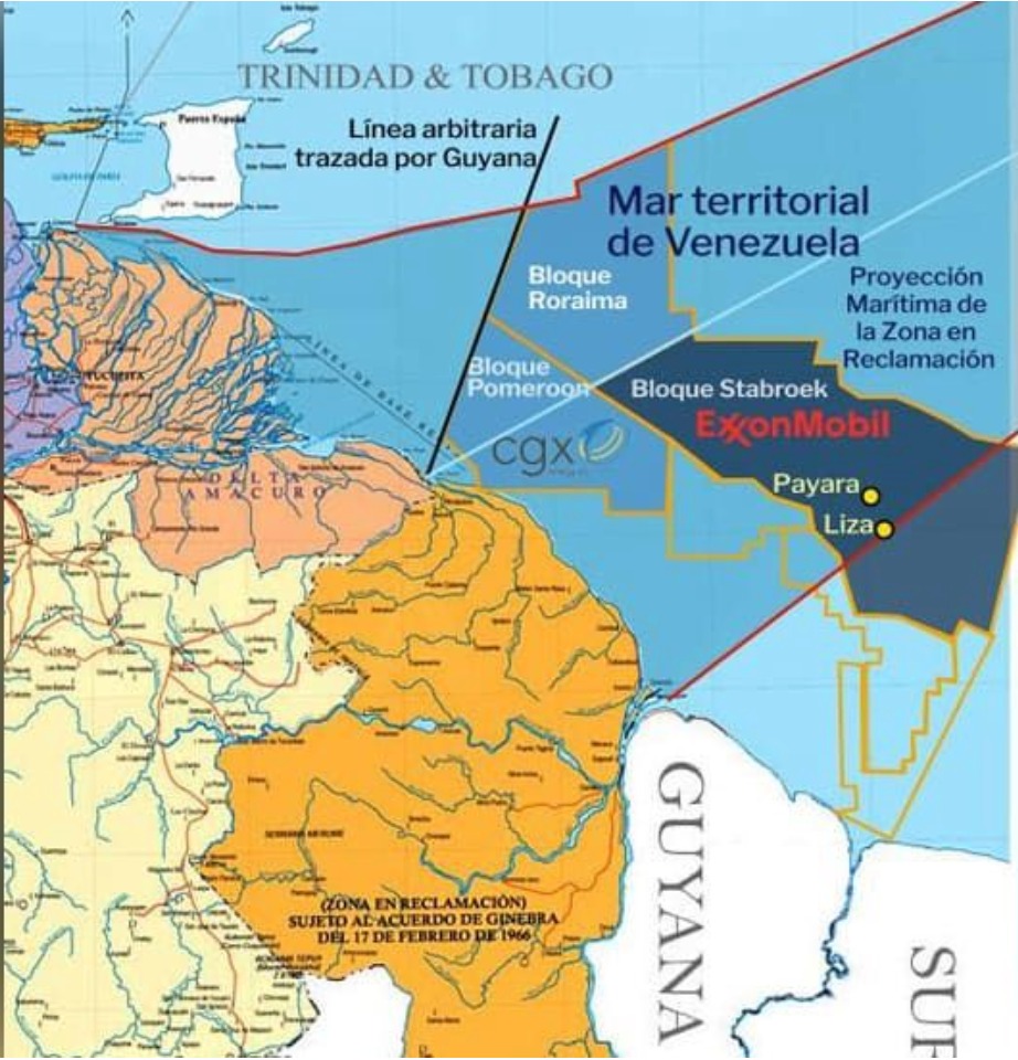 Map showing the territorial waters of Venezuela, Guyana, and the Zone Under Reclamation, with the arbitrary maritime border drawn by Guyana (in black). Photo: rafaelramirezc.medium.com