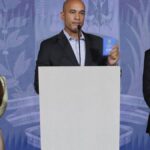 PSUV leader and Miranda state governor Hector Rodriguez (center) escorted by Camilla Fabri (right) and Genesis Garvett (left). Photo: X/@CamillaFSaab.