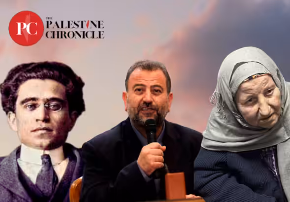 A graphic depicts renowned Italian communist Antonio Gramsci, Hamas political bureau deputy head Saleh al-Arouri, and Arouri's mother. Photo: Palestinian Chronicle.