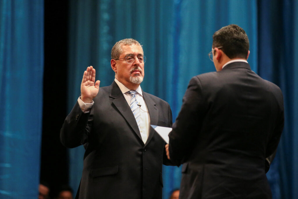 Guatemala President Bernardo Arévalo being sworn in during a ceremony at Miguel Angel Asturias theatre in Guatemala City, Guatemala, January 15, 2024. Reuters/Jose Cabezas.