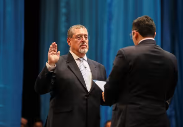 Guatemala President Bernardo Arévalo being sworn in during a ceremony at Miguel Angel Asturias theatre in Guatemala City, Guatemala, January 15, 2024. Reuters/Jose Cabezas.