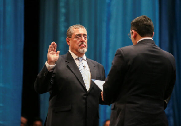 Guatemala President Bernardo Arévalo being sworn in during a ceremony at Miguel Angel Asturias theatre in Guatemala City, Guatemala, January 15, 2024. Reuters/Jose Cabezas.