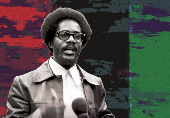 Walter Rodney on a red, black, and green background: Photo: Review of African Political Economy.