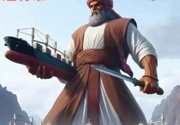 Illustration showing a Yemeni man in the sea, holding a ship in one arm while overlooking other ships passing by, representative of the Yemeni blockade against Israeli ships in the Red Sea.