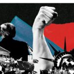 Photo composition showing interrupted images of street protests, intertwined with a falling Statue of Liberty, the back of Donald Trump, US Capitol building and one blue stripe and another red color stripe and an arm with an upright fist. Photo: Christina Animashaun/Vox.