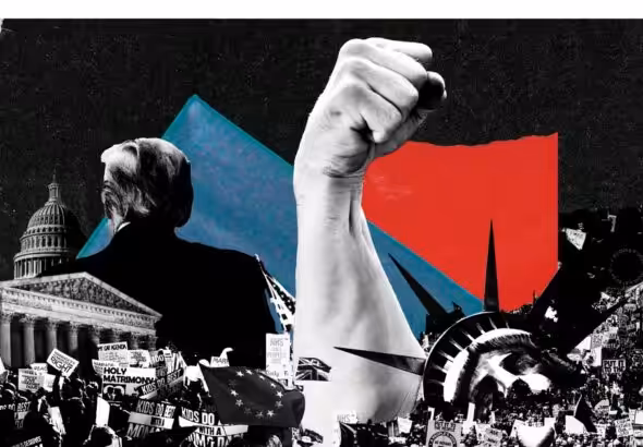 Photo composition showing interrupted images of street protests, intertwined with a falling Statue of Liberty, the back of Donald Trump, US Capitol building and one blue stripe and another red color stripe and an arm with an upright fist. Photo: Christina Animashaun/Vox.