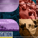 Compilation image that reads 'Investigation,' also depicting the horrible conditions Palestinians are enduring in Occupied Gaza and West Bank as well as IOF military equipment. Photo: PressTV.