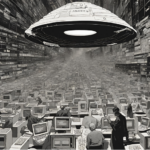 Modernist art depicting a UAP over a landscape of cubicles and office space. Photo: Midwestern Marx.