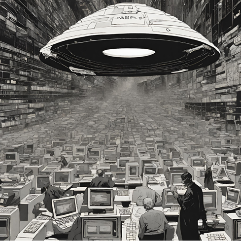 Modernist art depicting a UAP over a landscape of cubicles and office space. Photo: Midwestern Marx.