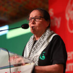 Leila Khaled speaks ash the Third Dilemmas of Humanity Conference organized by the International People's Assembly, hosted in Johannesburg. Photo: Rafa Stedile.