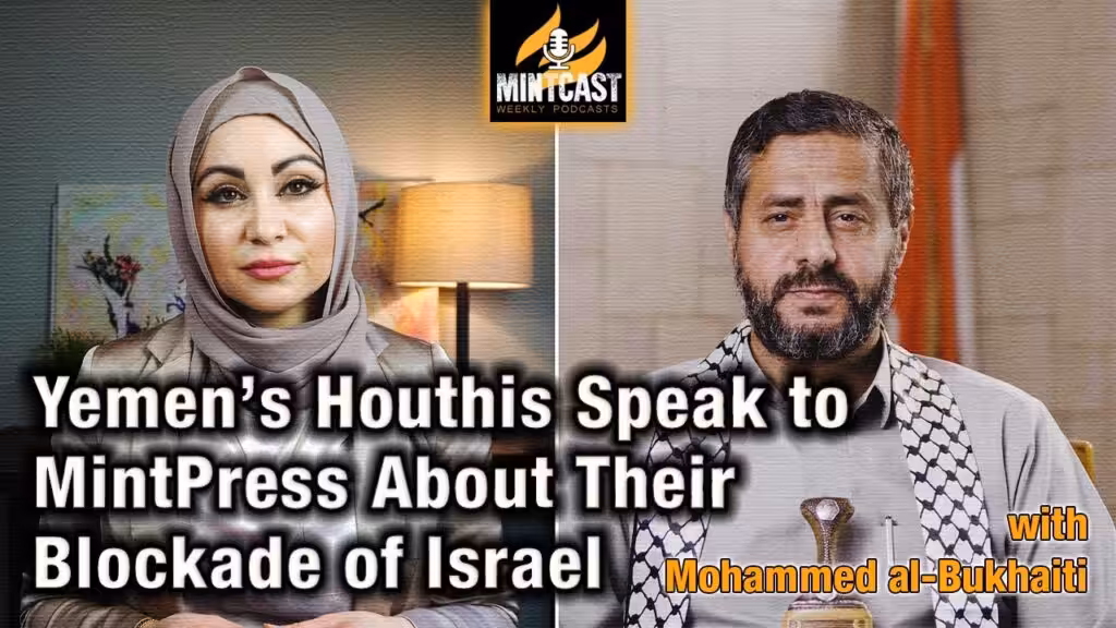 MintCast's YouTube thumbnail showing Mnar Adley (Left) and Mohammed al-Bukhaiti (Right) in their video interview, January 29, 2024. Photo: MintPress.