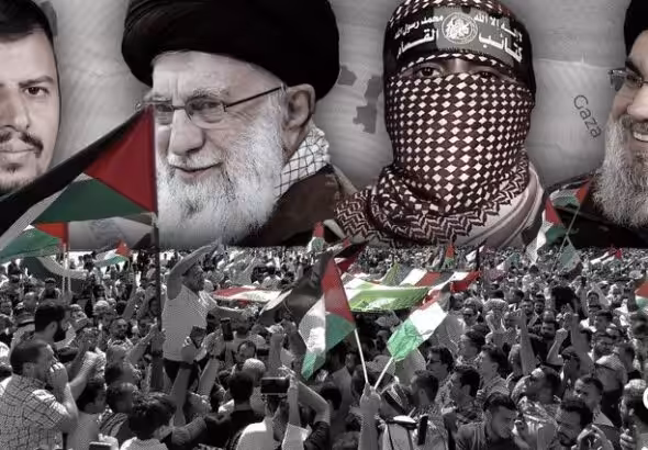 Photographic composition from left to right: The leader of the Yemeni Revolution, Seyed Abdulmalik Badreddin al-Houthi; the Supreme Leader of Iran, Ali Khamenei; the spokesperson for Al-Qassam Brigades, Abu Ubaida; Hezbollah leader Sayyed Nasrallah with a protest of people with Palestinian flags below. Photo: The Cradle.