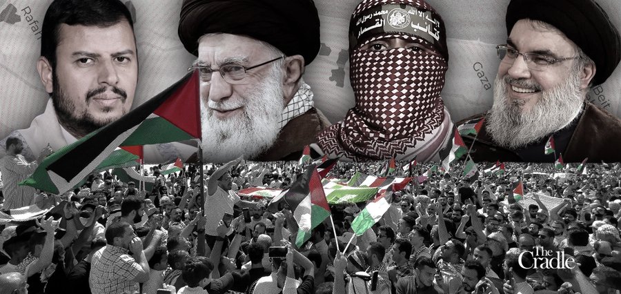 Photographic composition from left to right: The leader of the Yemeni Revolution, Seyed Abdulmalik Badreddin al-Houthi; the Supreme Leader of Iran, Ali Khamenei; the spokesperson for Al-Qassam Brigades, Abu Ubaida; Hezbollah leader Sayyed Nasrallah with a protest of people with Palestinian flags below. Photo: The Cradle.