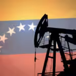 Photo collage composition displaying an oil rig with a Venezuelan flag in the background. Photo: Anton Watman/Shutterstock.