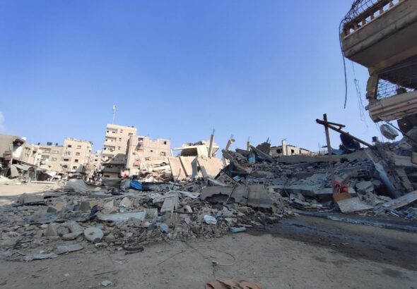 The destruction of Al-Faluja Neighborhood near Jabalia Camp in the Gaza Strip on January 1st 2024. Photo: Muhammad Mahmoud Balousha / Youssef Fares Channel.